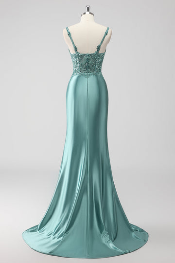 Green Sequin Mermaid Satin Ruched Long Prom Dress with Slit